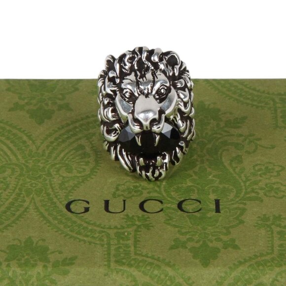 Authentic Gucci Lion Head Motif Crystal Ring In Silver & Black - Picture 1 of 7